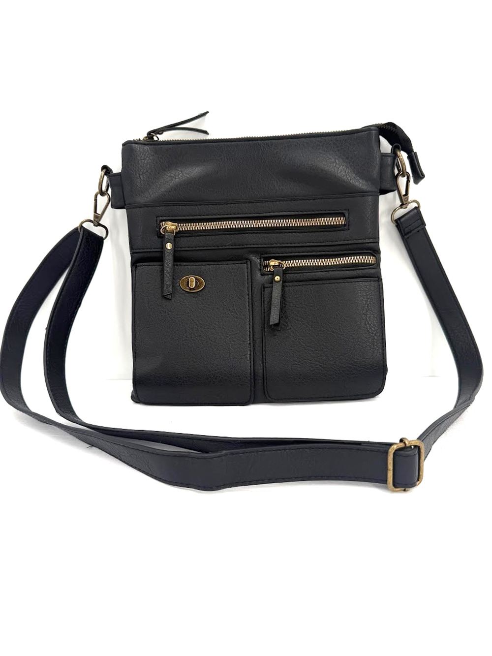 Black Faux Leather Crossbody Bag Multi Pocket Organizer Purse Adjustable Strap